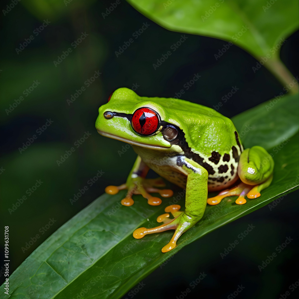 Fototapeta premium A bright green tree frog with red eyes perche