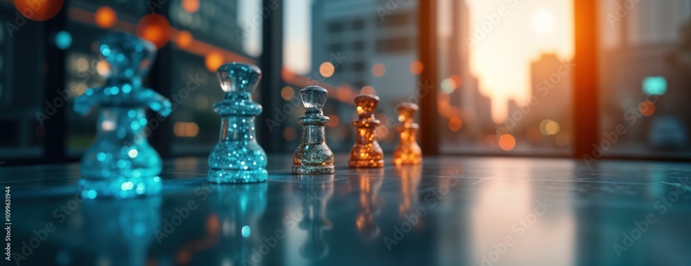 Obraz premium Glass chess pieces stand on table reflecting city sunset view. Business success concept. Strategic decisions. Modern city scene in background. Strong image for marketing. Winning strategy. Visual