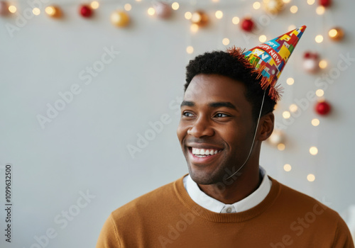 Smiling african american office worker wearing party hat celebrating new year in the office