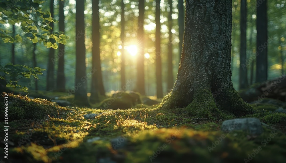 Obraz premium Mixed forest with sun shining through trees, peaceful nature, bright green tones