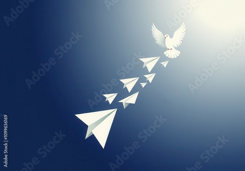 Abstract concept of peace and freedom with paper planes and dove in flight