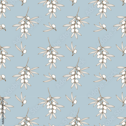 Olive white branches pattern on blue pastel soft background. Vector illustration