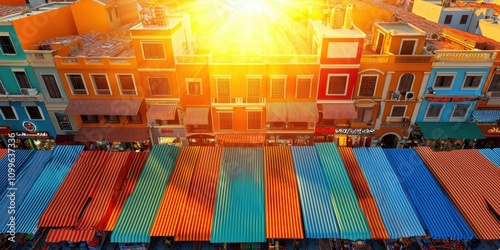 A vibrant market scene featuring colorful awnings and buildings, illuminated by a warm sunset. photo