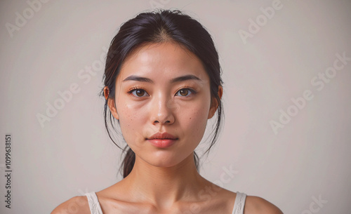 Woman with brown hair and brown eyes. She is wearing a white tank top. She has a nose and mouth