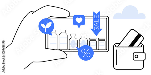 Hand holds smartphone showing bottles with sale, heart, and percentage icons. Wallet with credit card nearby. Ideal for online shopping, e-commerce, sales, marketing, discounts digital payments