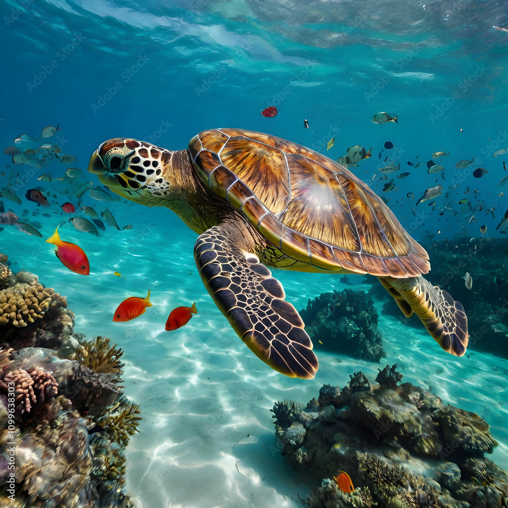 Fototapeta premium A sea turtle gliding through a clear turquois
