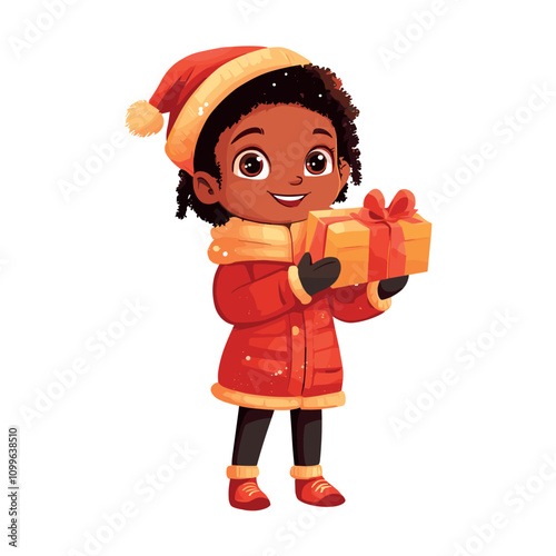 cute little girl in winter clothes with christmas present isolated vector illustration
