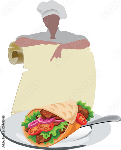 Chef pointing at vertical banner with doner kebab on plate