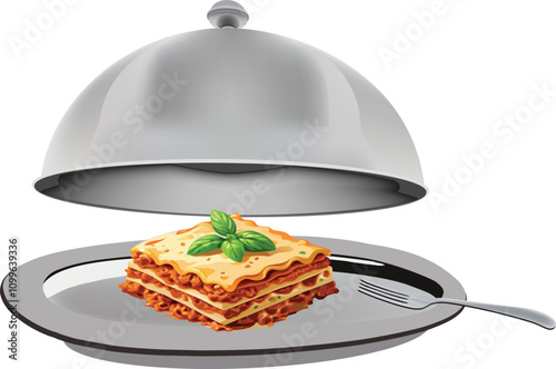 Serving hot fresh lasagna on silver tray with basil leaf