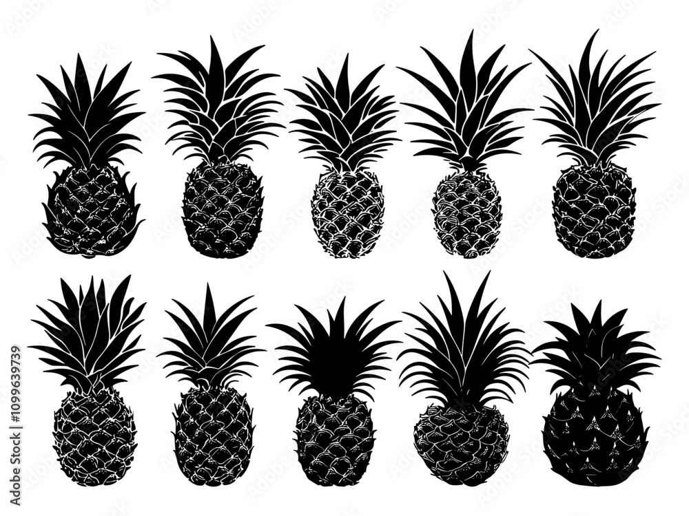 Fototapeta premium Pineapple Different Black Silhouettes on White Background Clean Lines Minimalist Tropical Fruit Art Simple Graphic Food Design Pineapple Varieties Collection Juicy Fruit Shapes