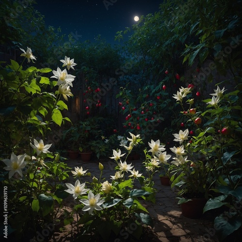 A mysterious night garden with bright moonflowers, fragrant night-blooming jasmine, and pomegranate trees casting long shadows.

