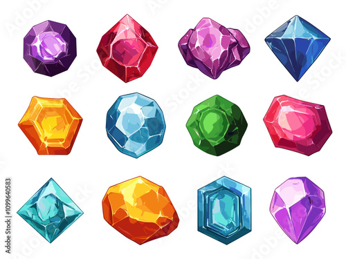 Precious Stones Cartoon Set on White Background with Bright Colors Fun Design Gemstone Art Playful Graphics Design Jewels Collection Colorful Gems Icons Jewelry Design