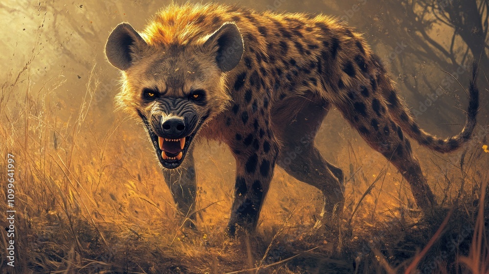 Obraz premium A spotted hyena with a menacing grin, its long fangs in the pale light of the savanna background wallpaper AI generated image