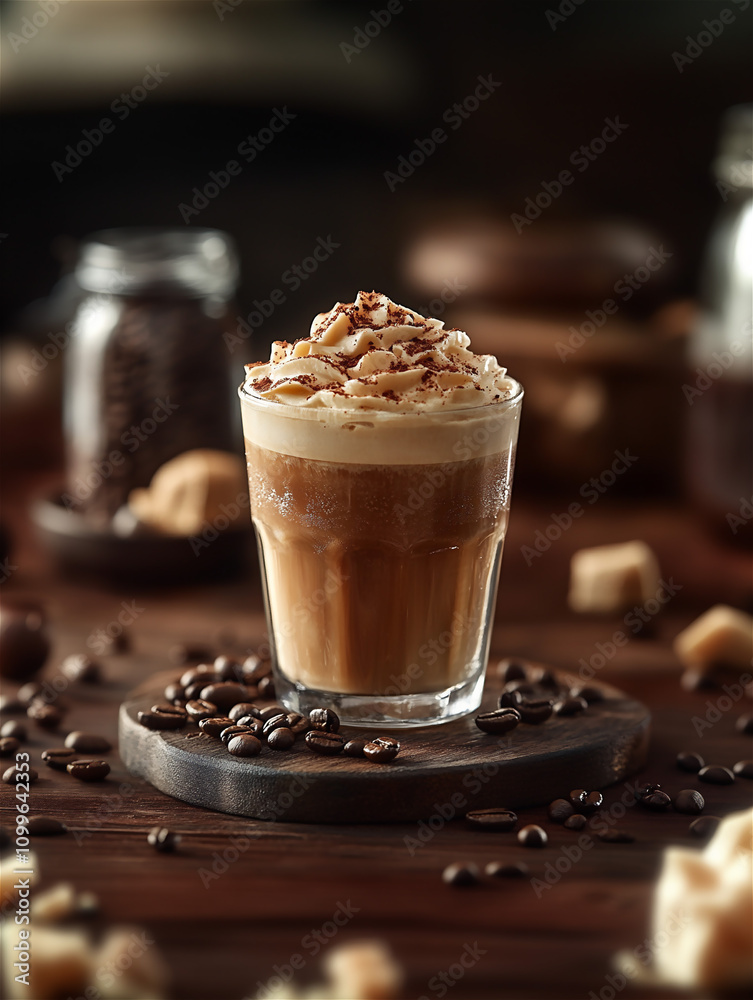 A glass of Latte with whipping cream and coffee beans on a wooden table. Generative AI. A glass of Latte with whipping cream and coffee beans on a wooden table. Generative AI.