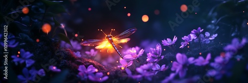 Glowing firefly, purple flowers, magical night, insect, nature scene