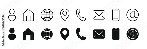 set of web thin line and flat icon. containing contact, business card collection. vector illustration