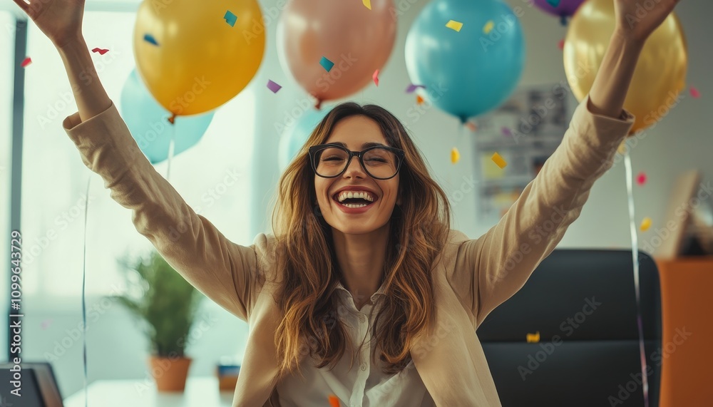 Fototapeta premium Businesswoman celebrates success in office positive environment event for inspiration and motivation