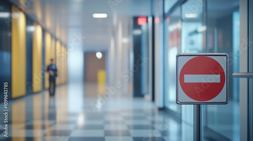 Access denied sign in modern office corridor with reflections