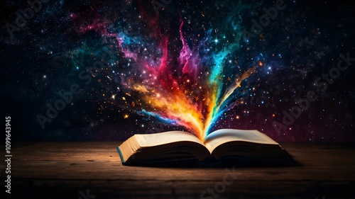 An open book with glowing pages releasing a burst of colorful galaxies and stars into a dark room
