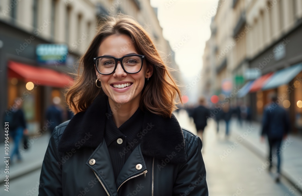 Obraz premium Woman wears black jacket. Stylish woman stands in city street. Cityscape background with shops, people. Casual urban style. Smiling person. Fashionable look. Trendy woman in city. Street style. City