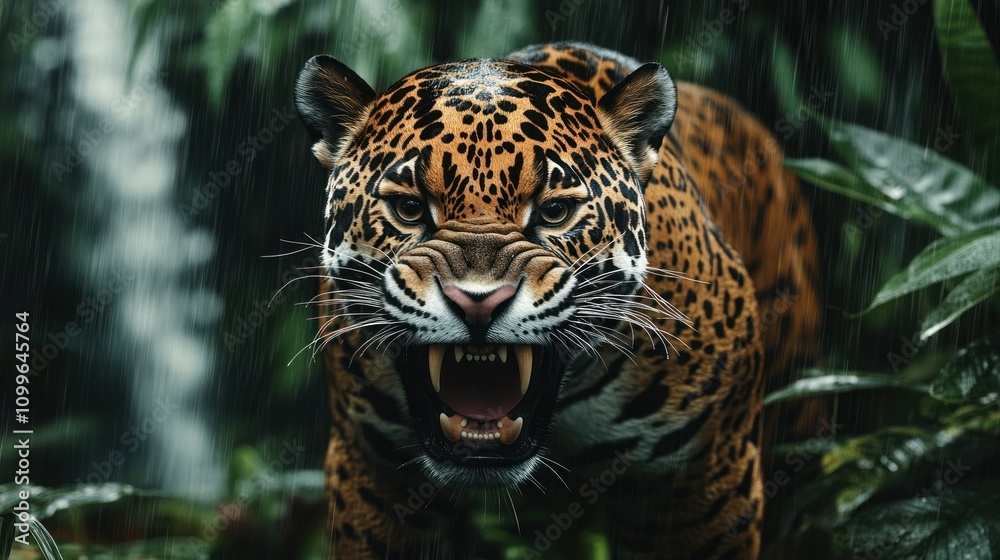 Obraz premium A jaguar growling ferociously with its sharp fangs bared, wandering through the dense rainforest background wallpaper AI generated image
