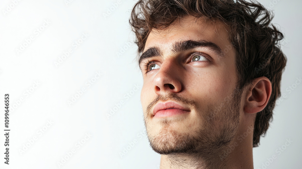 Fototapeta premium Young man with thoughtful expression in bright studio portrait