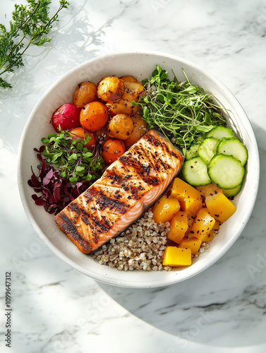 rilled Salmon Buddha Bowl with Mediterranean Vegetables  photo