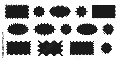 Set of frames with zigzag edge, scallop shapes. Black silhouette Label set. Empty, wavy, geometric, abstract. Retro groovy elements. Rectangular curved box vector design for template.