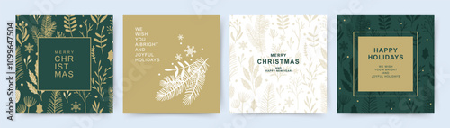 Merry Christmas and Happy New Year greeting card Set. Background with a pattern of golden pine branches and winter plants. Holiday vector templates for banner, invitation, advertising, social media