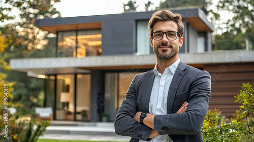 Confident real estate agent standing outside a modern luxury home photo