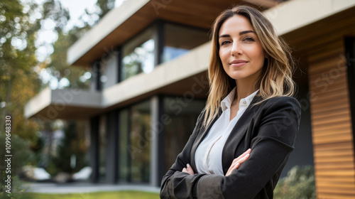 Plakat Confident real estate agent posing proudly in front of modern house
