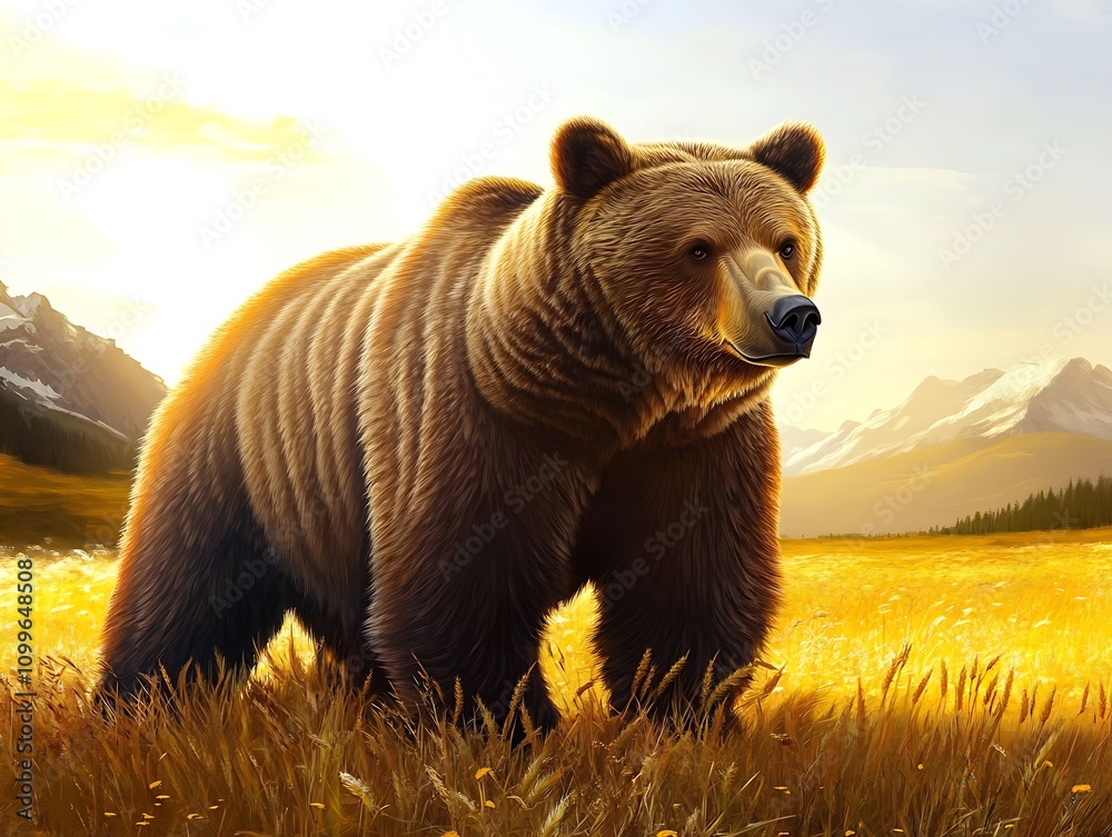 Obraz premium Powerful grizzly bear standing in golden field with sunlit mountains in distance