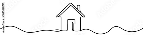 One continuous line illustration of a house, isolated on white background. Line art of house