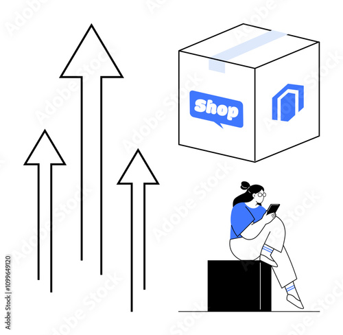 Upward arrows, package with shop logo, woman using tablet while sitting. Ideal for online retail, shipping logistics, technology management, business growth, e-commerce trends, market analysis