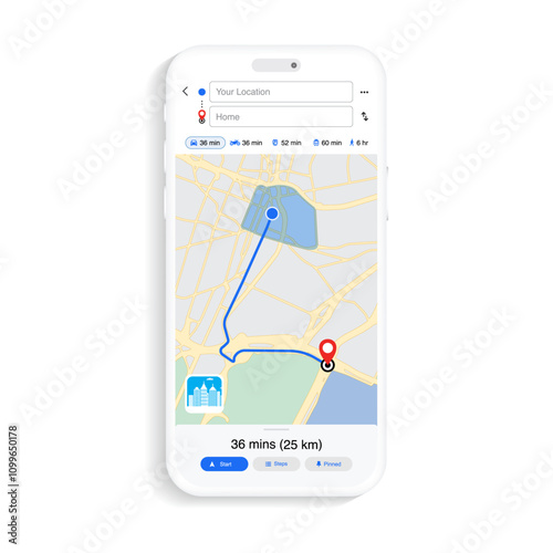 Smartphone GPS Navigation App UI and UX Design Concept: City Maps, Location Tracking, Route Planning and Navigation. Vector.
