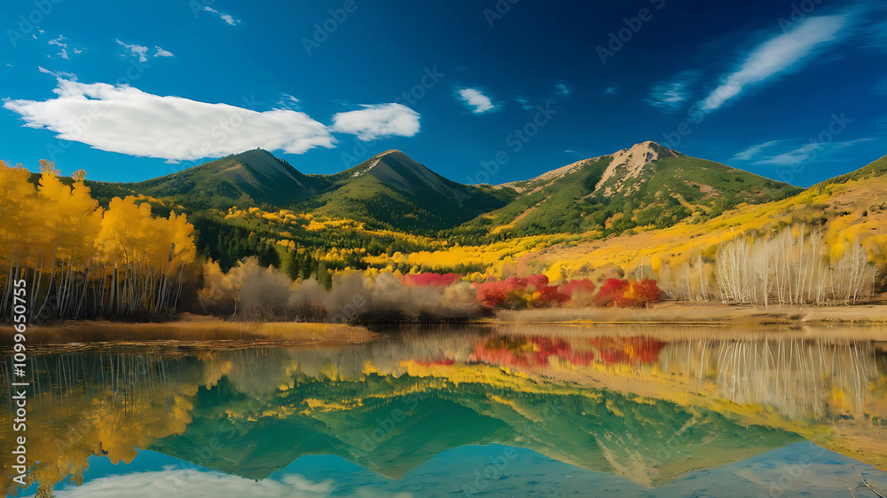 Obraz premium Winter morning sunrise bells with golden sunlight lake in the morning landscape of the Rocky Mountains at sunrise