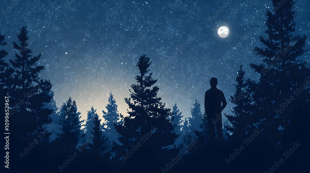 Fototapeta premium Lone Figure Silhouetted Against Night Sky and Forest