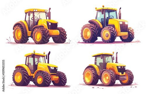 Tractor Cartoon Set White Background Bright Colors Fun Design Agricultural Art Playful Graphics Design Farm Equipment Collection Tractor Icons Rural Vehicle Designs