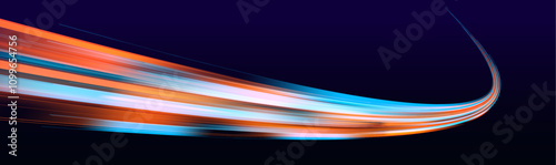 Futuristic light motion effects on a black background, showcasing fast-moving neon stripes and creative illustrations of high-speed concepts, ideal for visualizing technology and progress.