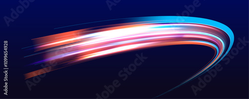 Neon color glowing lines on a dark background, creating a high-speed light trail effect. Modern abstract high-speed light motion effect on a black background with light motion and slow shutter traffic