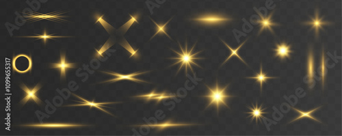 A set of various yellow flashes of light, as well as stars, bright dust and rays of light. Glow light star, yellow sun rays, gold glare bokeh.	