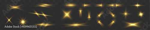 A set of various yellow flashes of light, as well as stars, bright dust and rays of light. Glow light star, yellow sun rays, gold glare bokeh.	