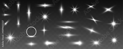 Collection of radiant light flares, star bursts, and sparkling glow effects on a transparent background. 	
White bright blurred light lines in wave and speed motion. 