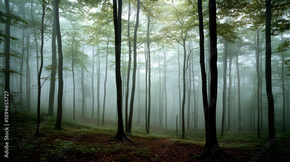 Obraz premium Misty Forest Path Among Tall Trees