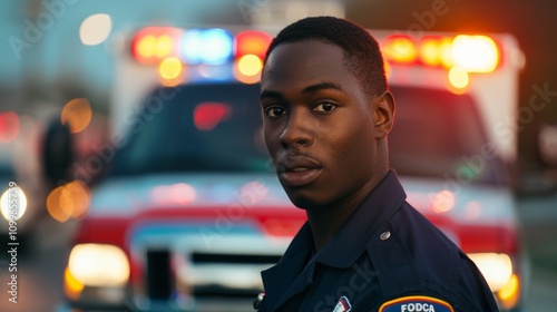 A close-up Of a police Officer standing in front Of an ambulance with a blurred background and a focus On the Officers uniform and badge. photo