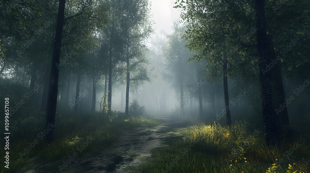 Obraz premium Misty Forest Path Sunlight Through Trees