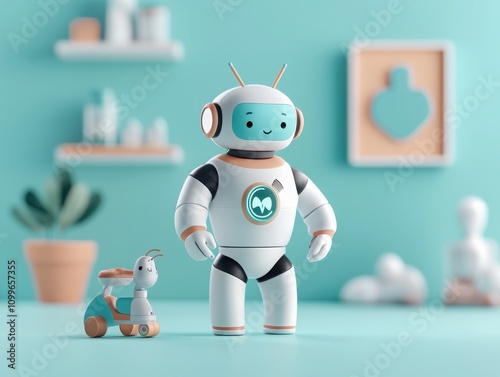 Innovative pediatric healthcare assistant robot pediatric clinic 3d animation bright environment close-up view enhancing child care experiences photo