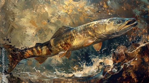 A large fish leaps from the water, splashing. photo