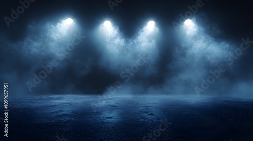 Three Lights Illuminate Smoky Dark Stage Floor