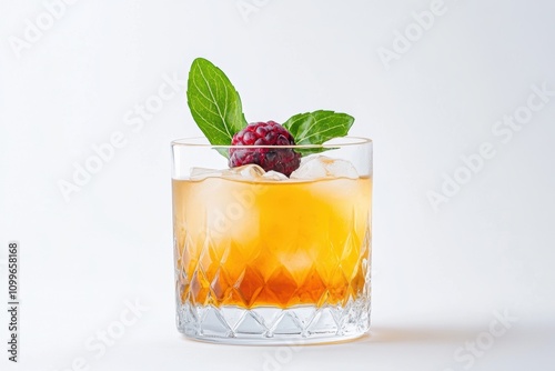 colorful cocktail display, vibrant fruity cocktail in a crystal glass with colorful garnishes, displayed on a white background